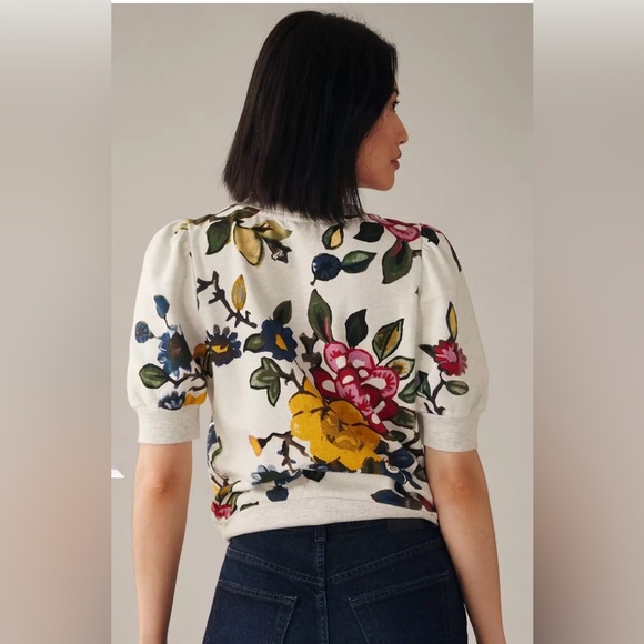 T.La by Anthropology - Multicolor Floral Short puffed Sleeve Top - size Large - Picture 2 of 10